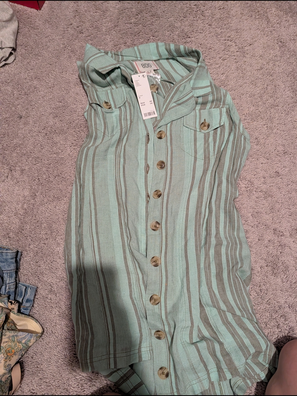 Urban Outfitters Striped Mint Green Button-Front Sleeveless Shirt Dress